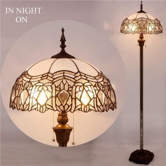 Tiffany Floor Lamp Crystal Bead White Stained Glass Standing Reading Light - Picture 6 of 7